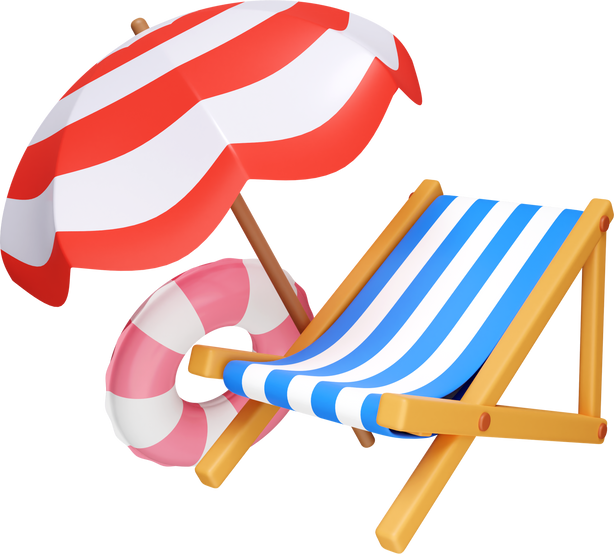 3d Beach chairs and umbrellas with swimming ring. summer vacation and holidays concept. icon isolated on white background. 3d rendering illustration. Clipping path.
