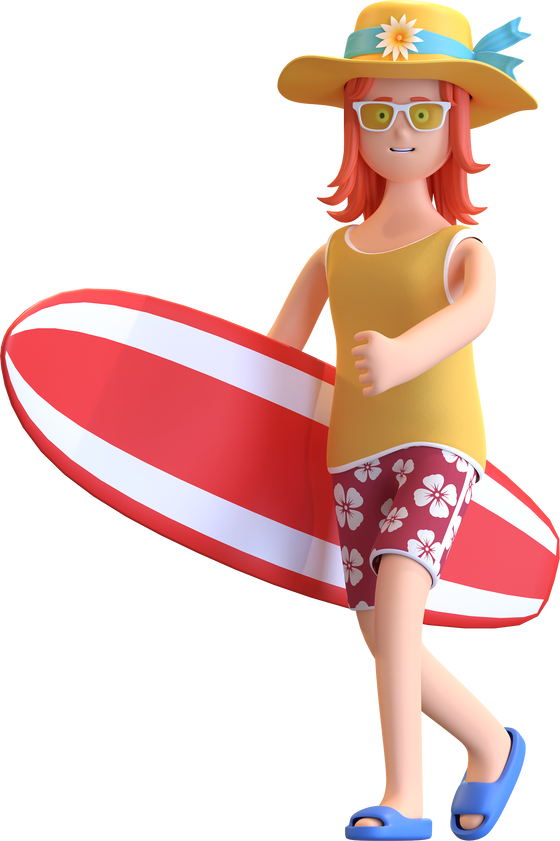 Girl carrying surfboard on beach 3D character illustration